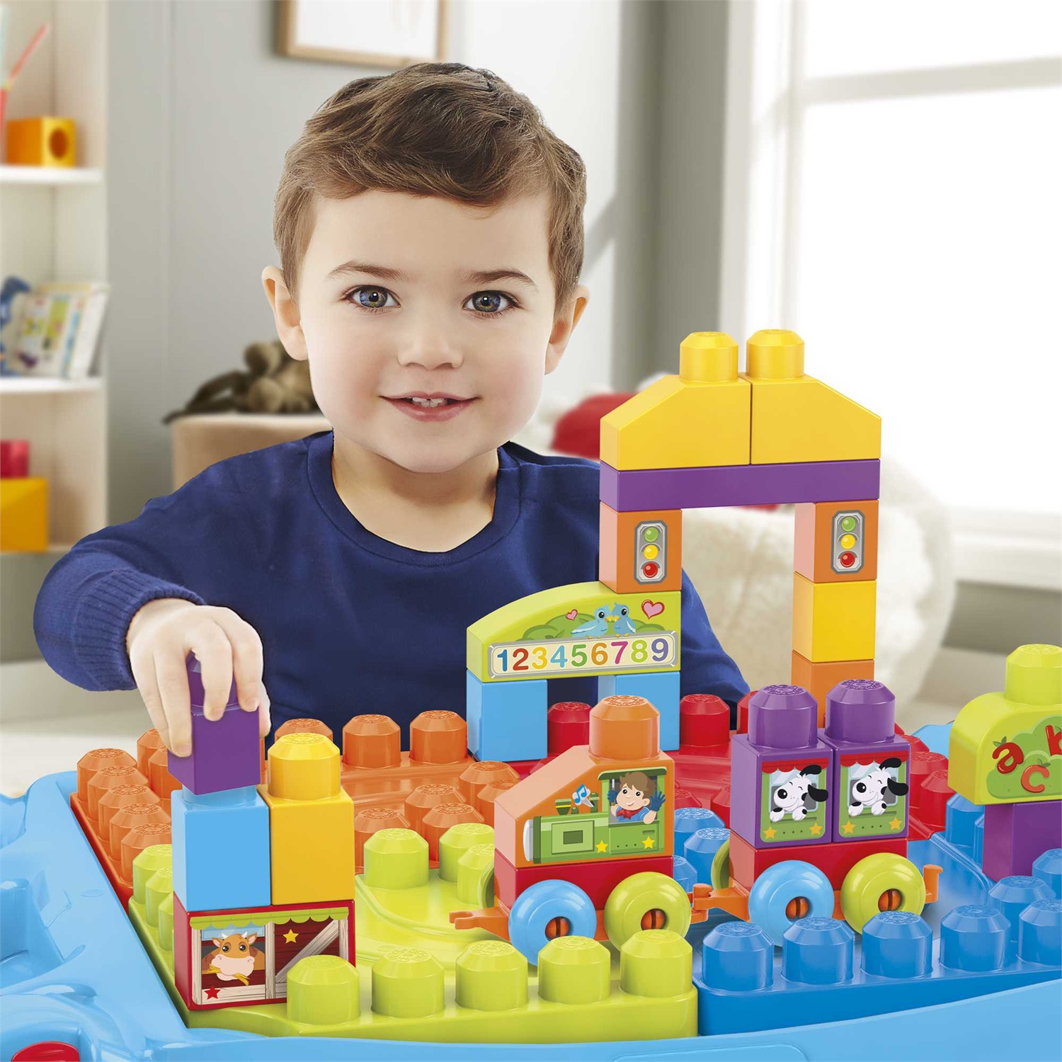 Mega Brands Mega Bloks - Tavolino Multi attività 3-in-1 Ripiegabile con Pista e 20 Blocchi Colorati per Bambini 1 Anni