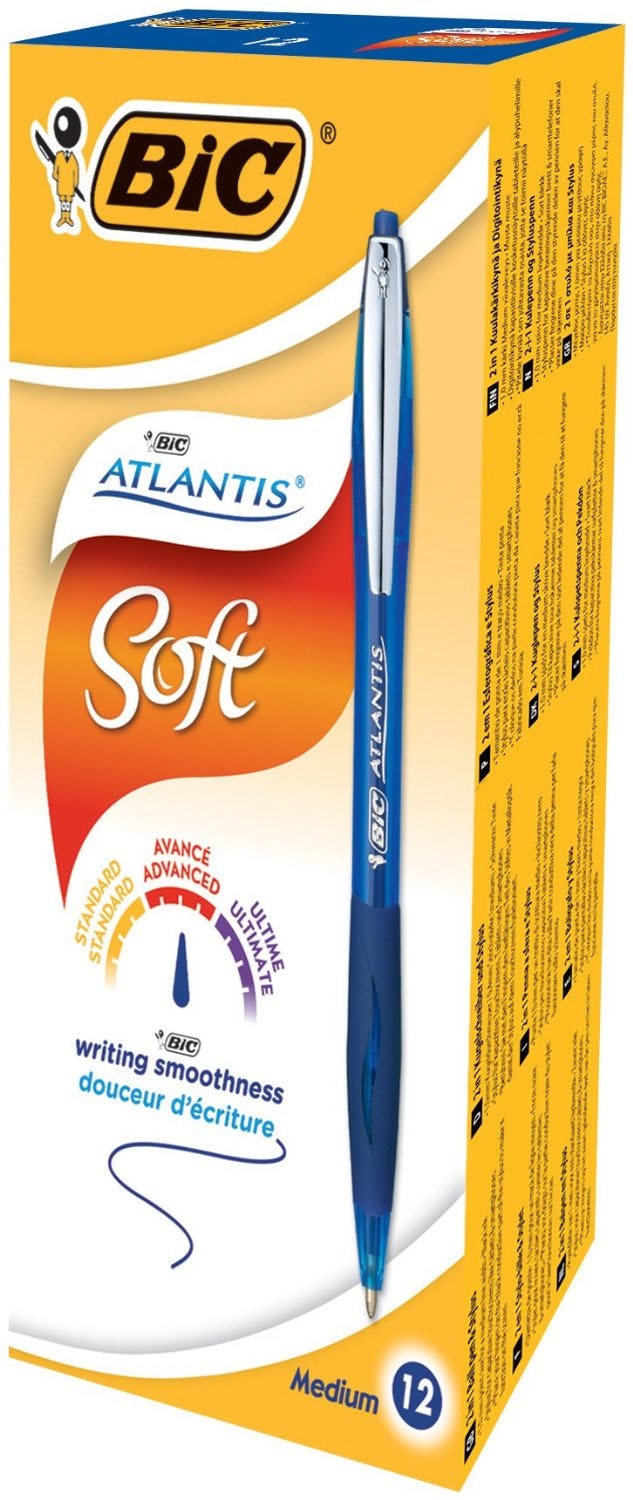 BIC Atlantis Soft Penna a sfera a scatto Blu 1 mm con grip gommato - Confezione da 12 pz