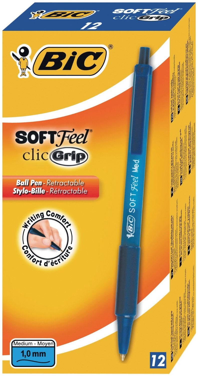 BIC SoftFeel Clic Grip Penna a Sfera a Scatto Blu - Punta 1,0 mm - Confezione da 12 Pezzi
