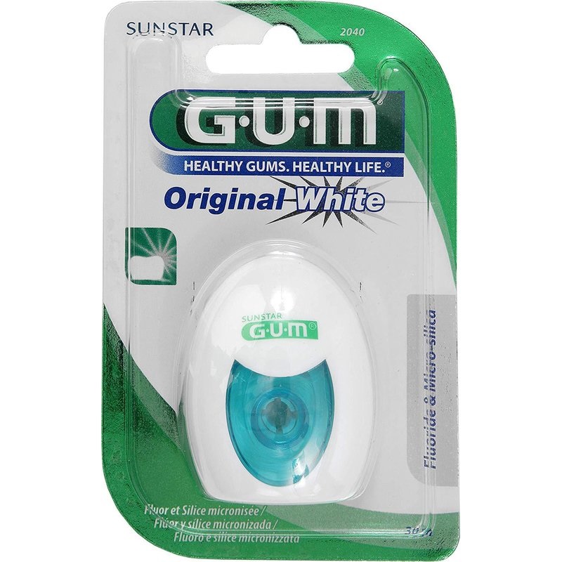 GUM Original White Filo Interdentale 30m - Filo per Rimozione Macchie e Controllo Placca con Silice e Fluoro