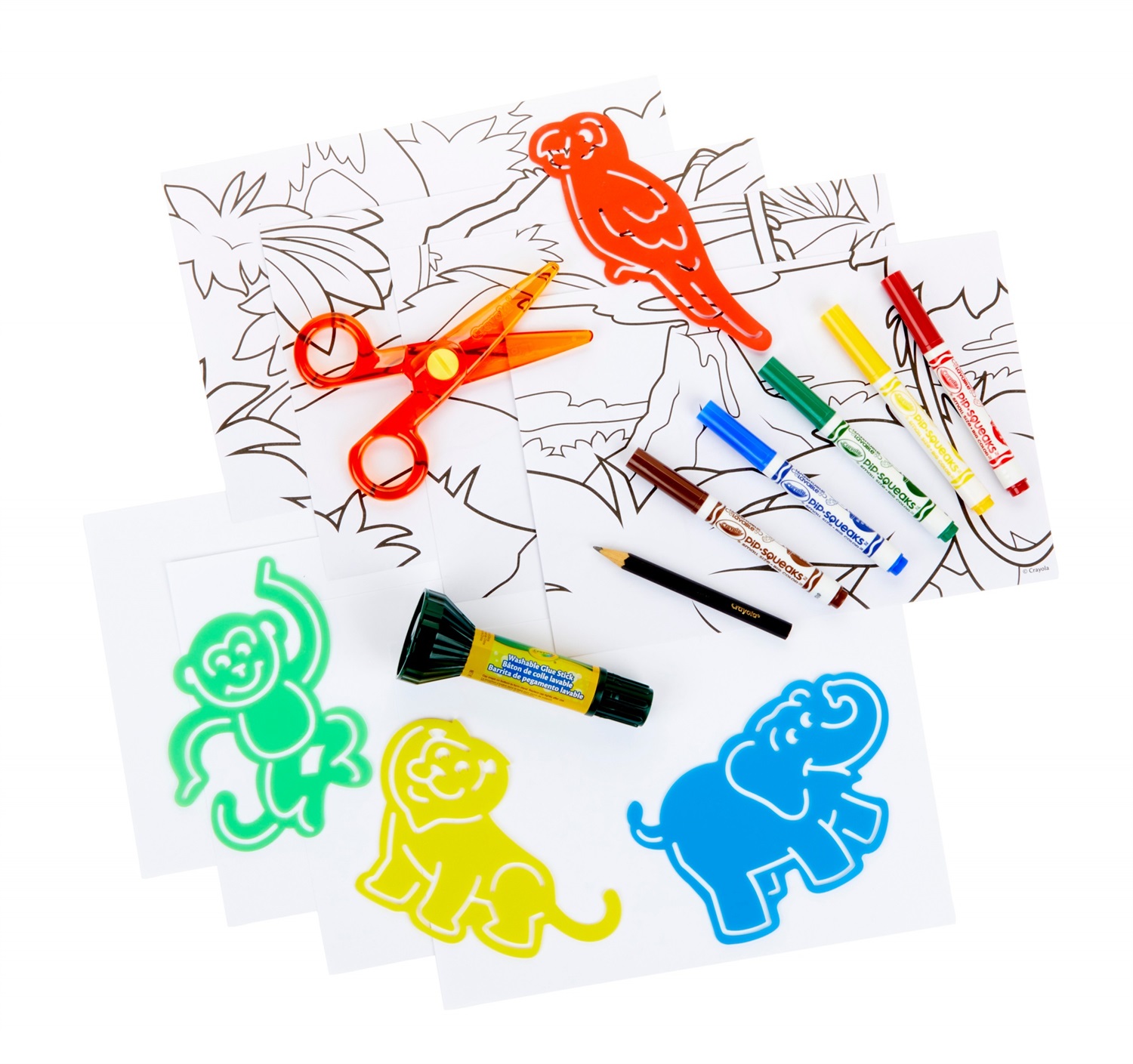 CRAYOLA - Set per Creare Coloratissimi Collage a Forma di Animaletto con Stencil, Forbicine di Sicurezza e Pennarelli Lavabili, 04-0576
