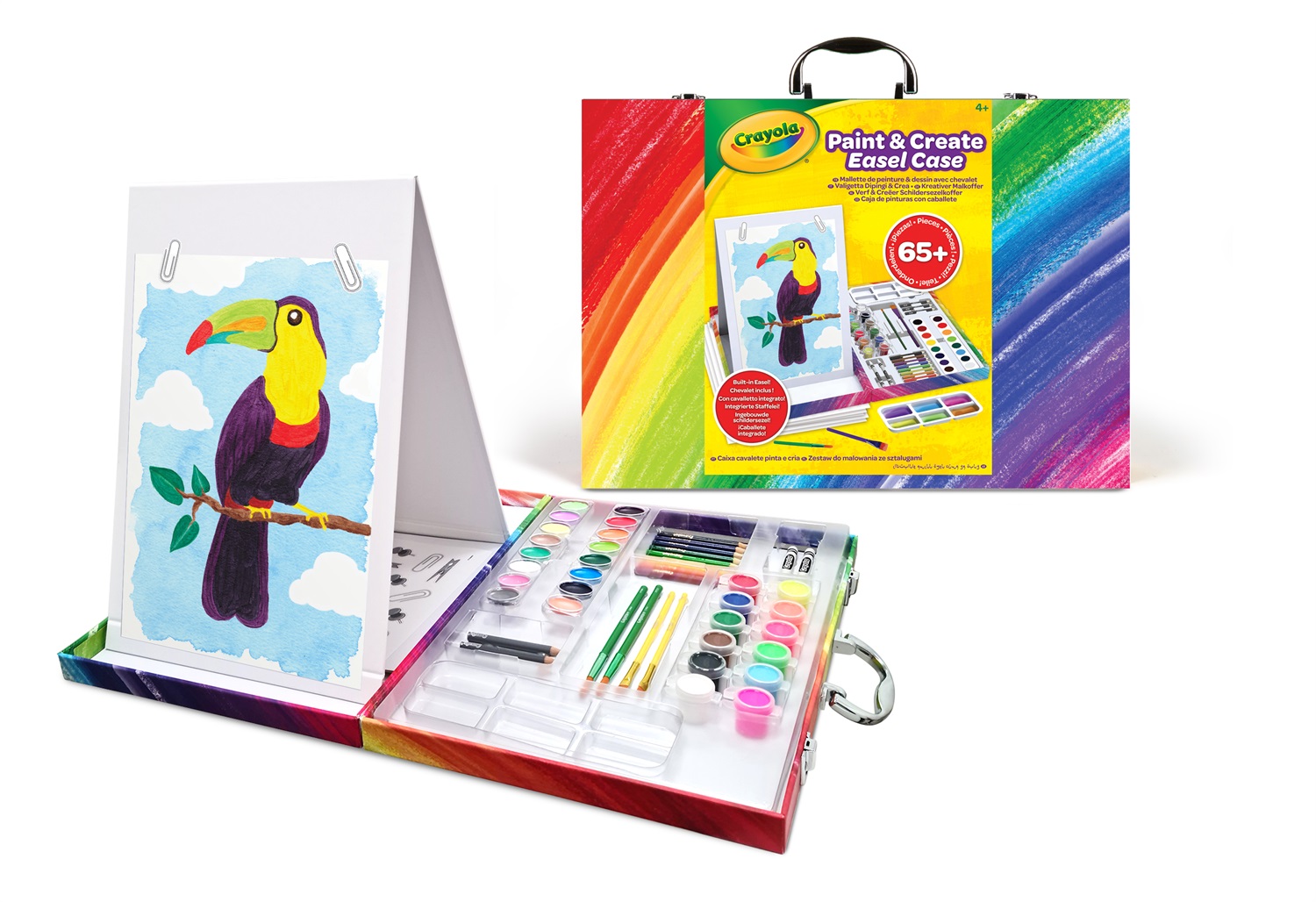 Crayola Valigetta Dipingi & Crea con Cavalletto - 12 Tempere, 16 Acquarelli, 11 Mini-Matite Acquarellabili, 4 Pennelli, 2 Pastelli a Cera Bianchi, Adesivi, Età: 4-10 Anni