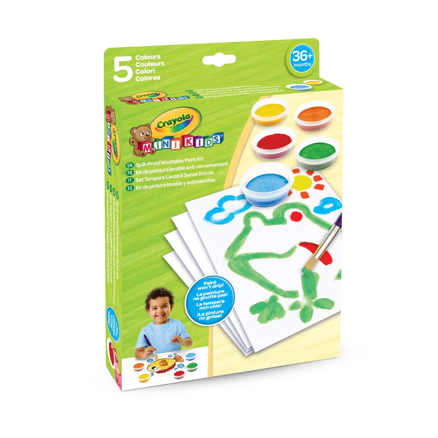 Crayola Set di Tempere Lavabili Senza Goccia - 5 Barattolini per Bambini (36 mesi - 5 anni)