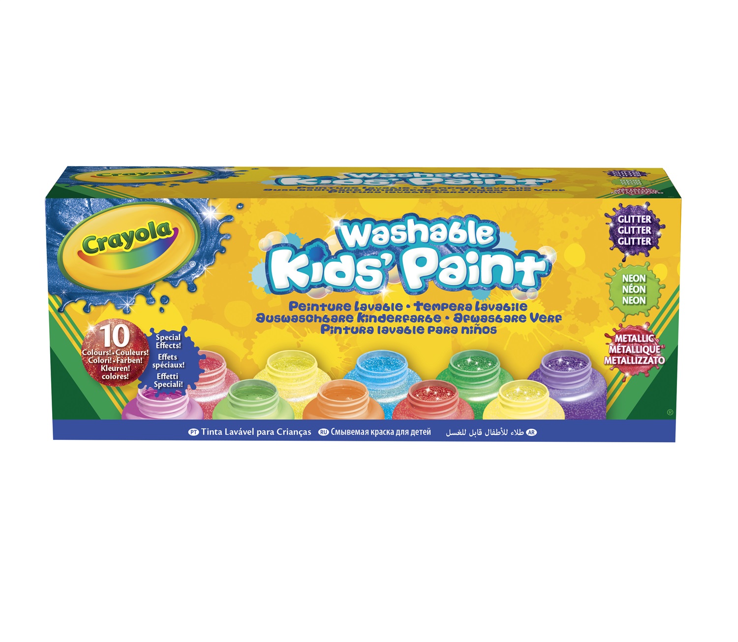 Crayola Tempere Lavabili Effetti Speciali, 10 Barattoli da 59 mL con Neon, Glitter e Metal, Pittura Creativa per Bambini 3 Anni