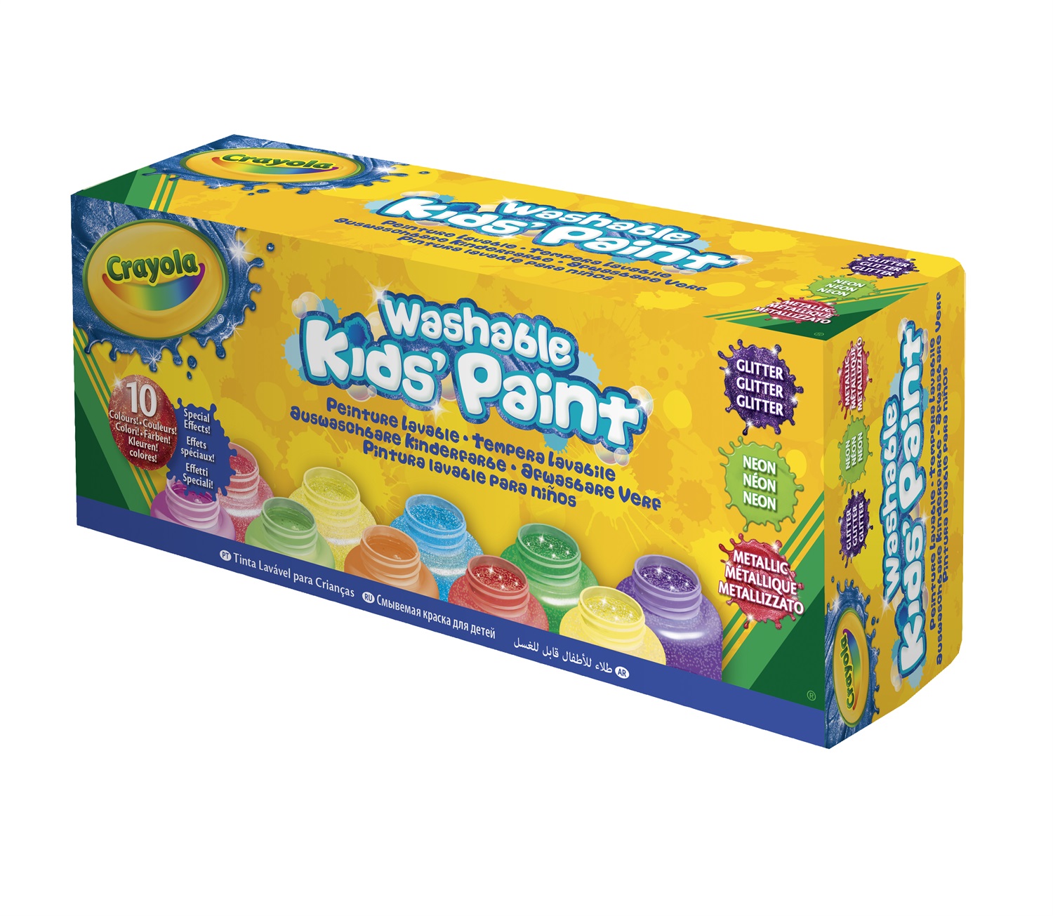 Crayola Tempere Lavabili Effetti Speciali, 10 Barattoli da 59 mL con Neon, Glitter e Metal, Pittura Creativa per Bambini 3 Anni