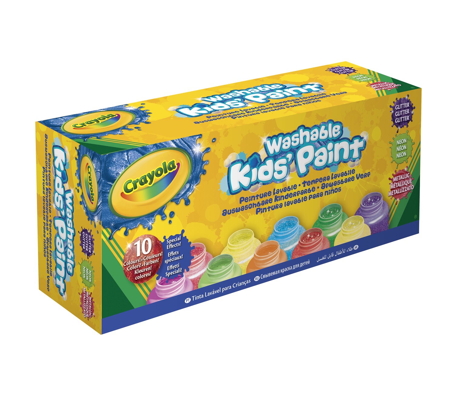 Crayola Tempere Lavabili Effetti Speciali, 10 Barattoli da 59 mL con Neon, Glitter e Metal, Pittura Creativa per Bambini 3 Anni