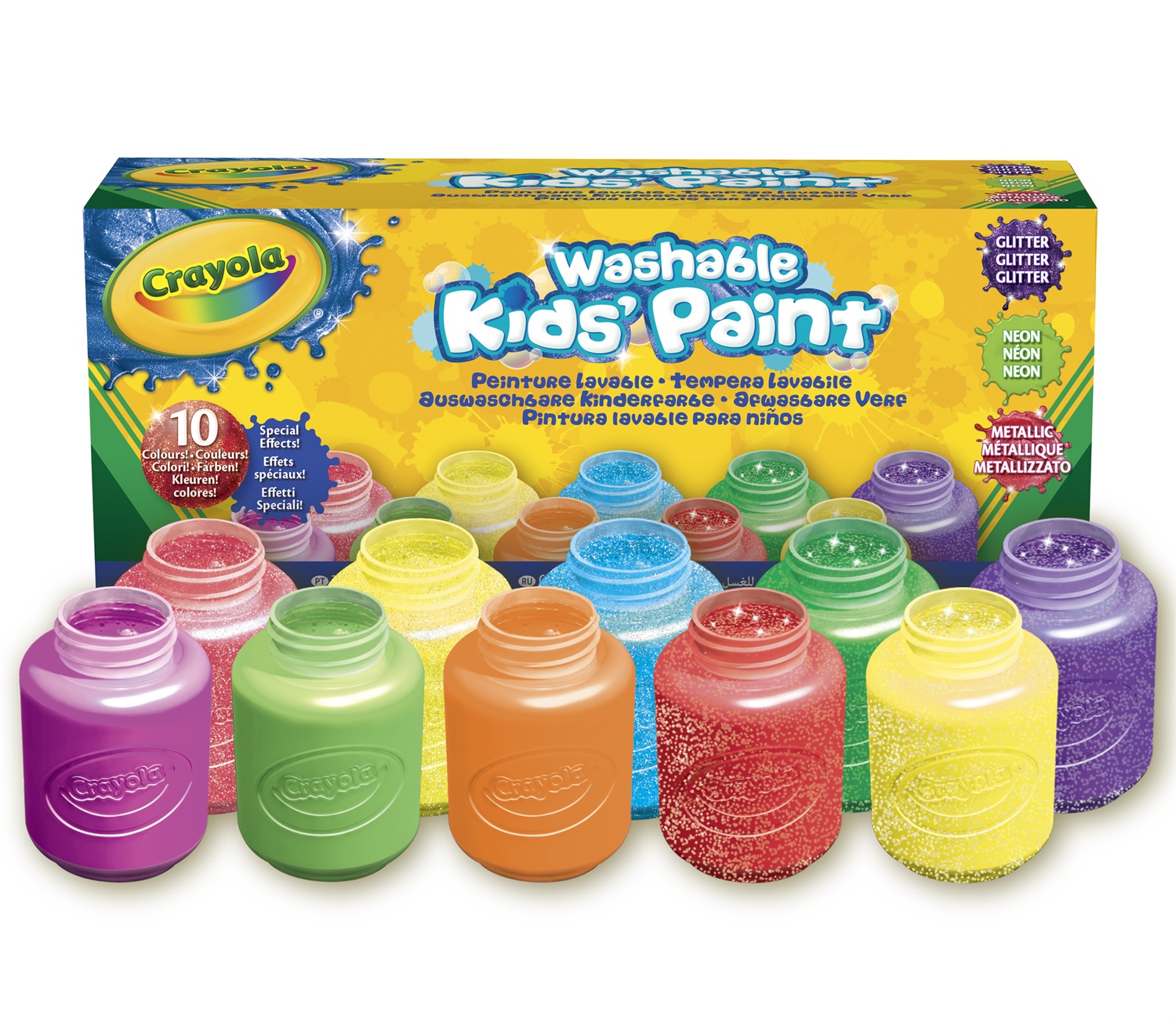 Crayola Tempere Lavabili Effetti Speciali, 10 Barattoli da 59 mL con Neon, Glitter e Metal, Pittura Creativa per Bambini 3 Anni