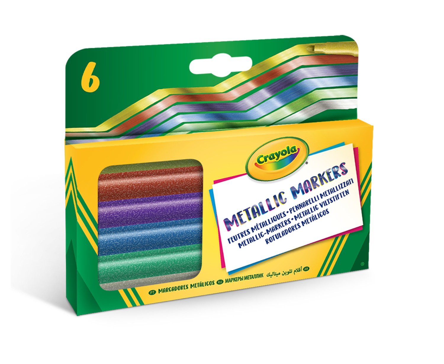 Crayola Pennarelli Effetti Metallizzati, Confezione da 6 Colori Assortiti: Oro, Argento, Violetto, Verde, Azzurro, Bronzo