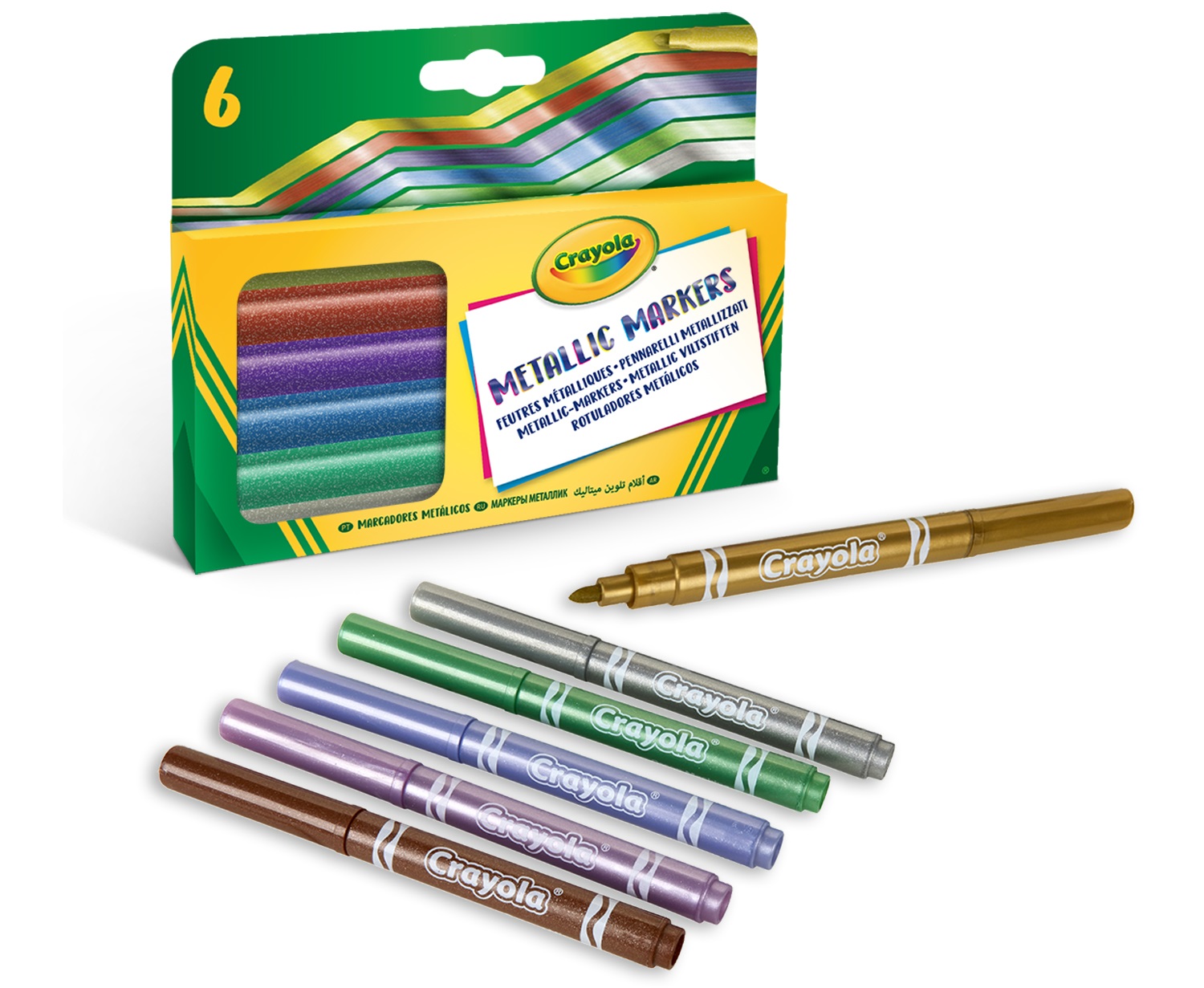 Crayola Pennarelli Effetti Metallizzati, Confezione da 6 Colori Assortiti: Oro, Argento, Violetto, Verde, Azzurro, Bronzo