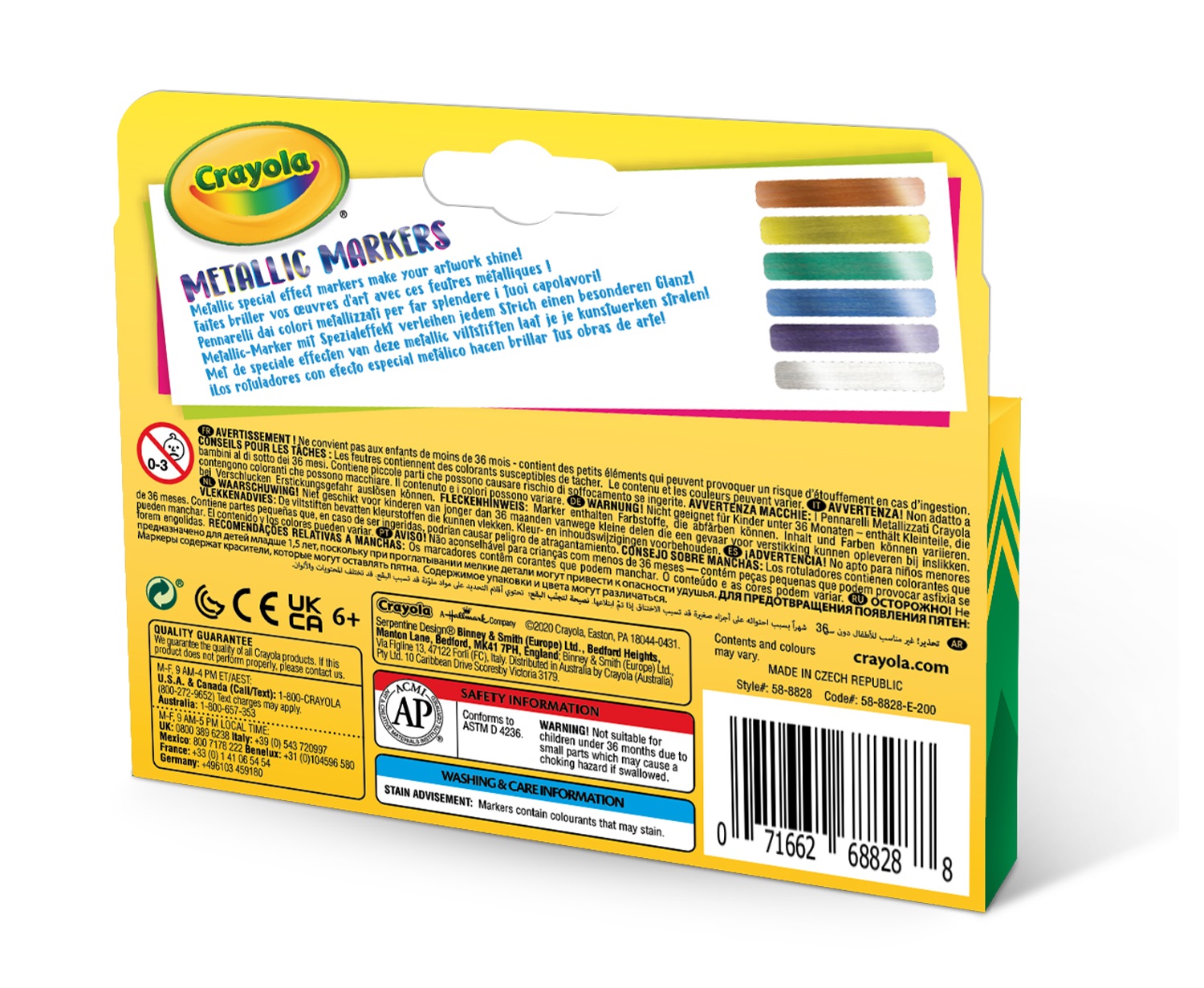 Crayola Pennarelli Effetti Metallizzati, Confezione da 6 Colori Assortiti: Oro, Argento, Violetto, Verde, Azzurro, Bronzo