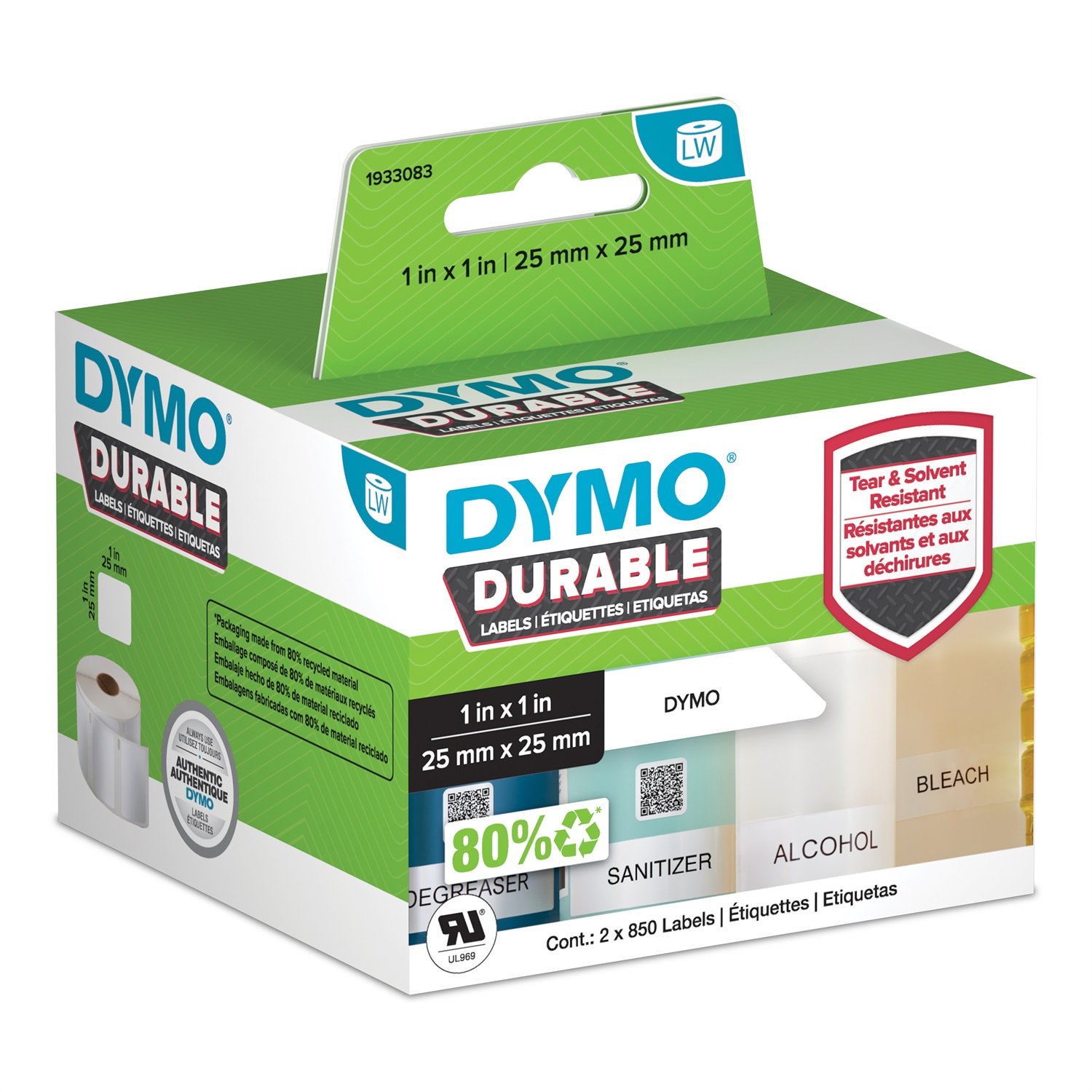 Dymo 1933083 - Etichette per Indirizzo Bianco - 25 x 25 mm - 2 Rotoli da 850 Etichette - Polipropilene Durable