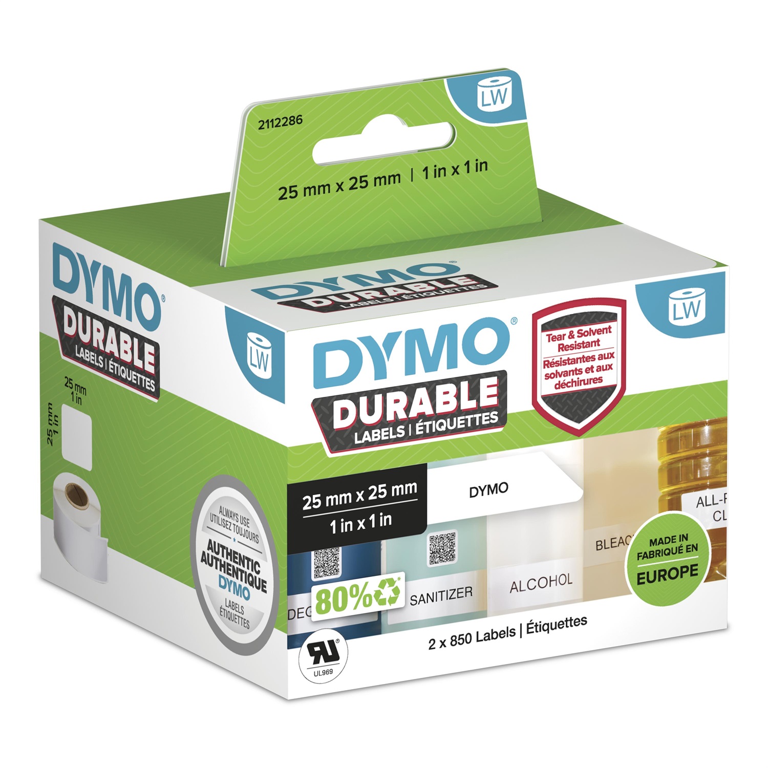 Dymo 1933083 - Etichette per Indirizzo Bianco - 25 x 25 mm - 2 Rotoli da 850 Etichette - Polipropilene Durable