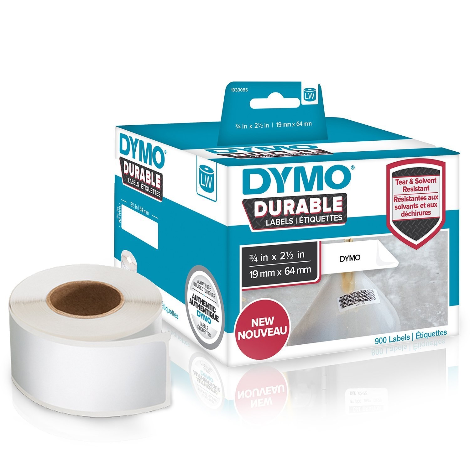 DYMO Etichette per Indirizzo Durable Industrial - 19 x 64 mm - Bianco - 2 Rotoli da 450 Etichette