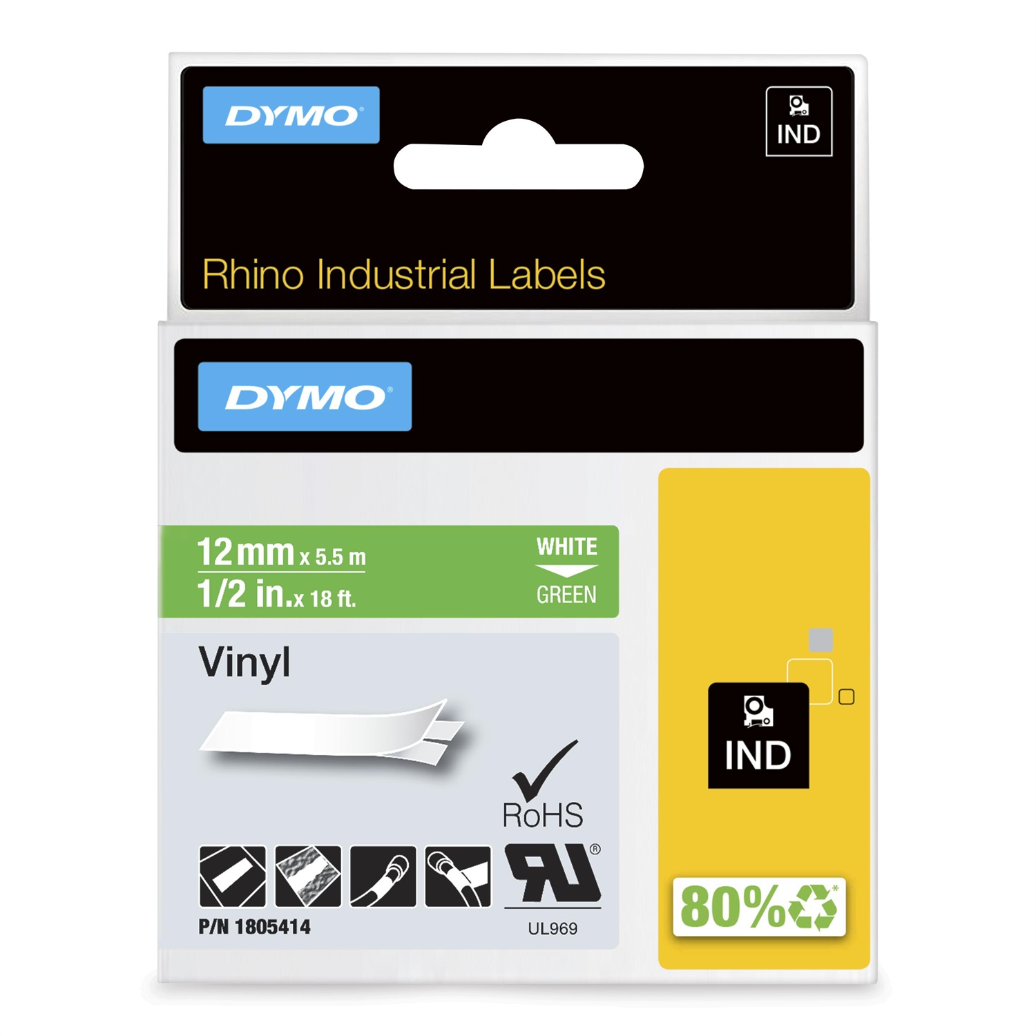 DYMO Nastro in Vinile Bianco su Verde 12mm x 5.5m - Etichette Industriali UL 969