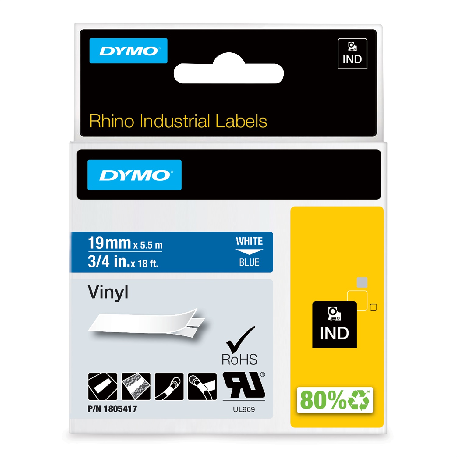 DYMO Nastro in Vinile 19mm x 5.5m Bianco su Blu - Compatibile con Modelli Rhino 4200/5000/5200/6000