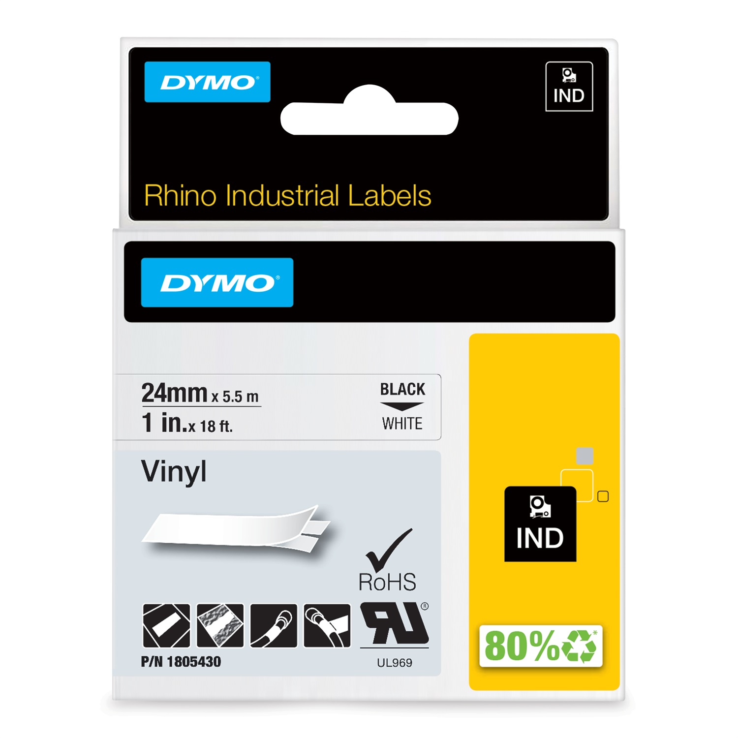 DYMO Nastro in Vinile 24mm x 5.5m Nero su Bianco - Etichette Industriali UL 969