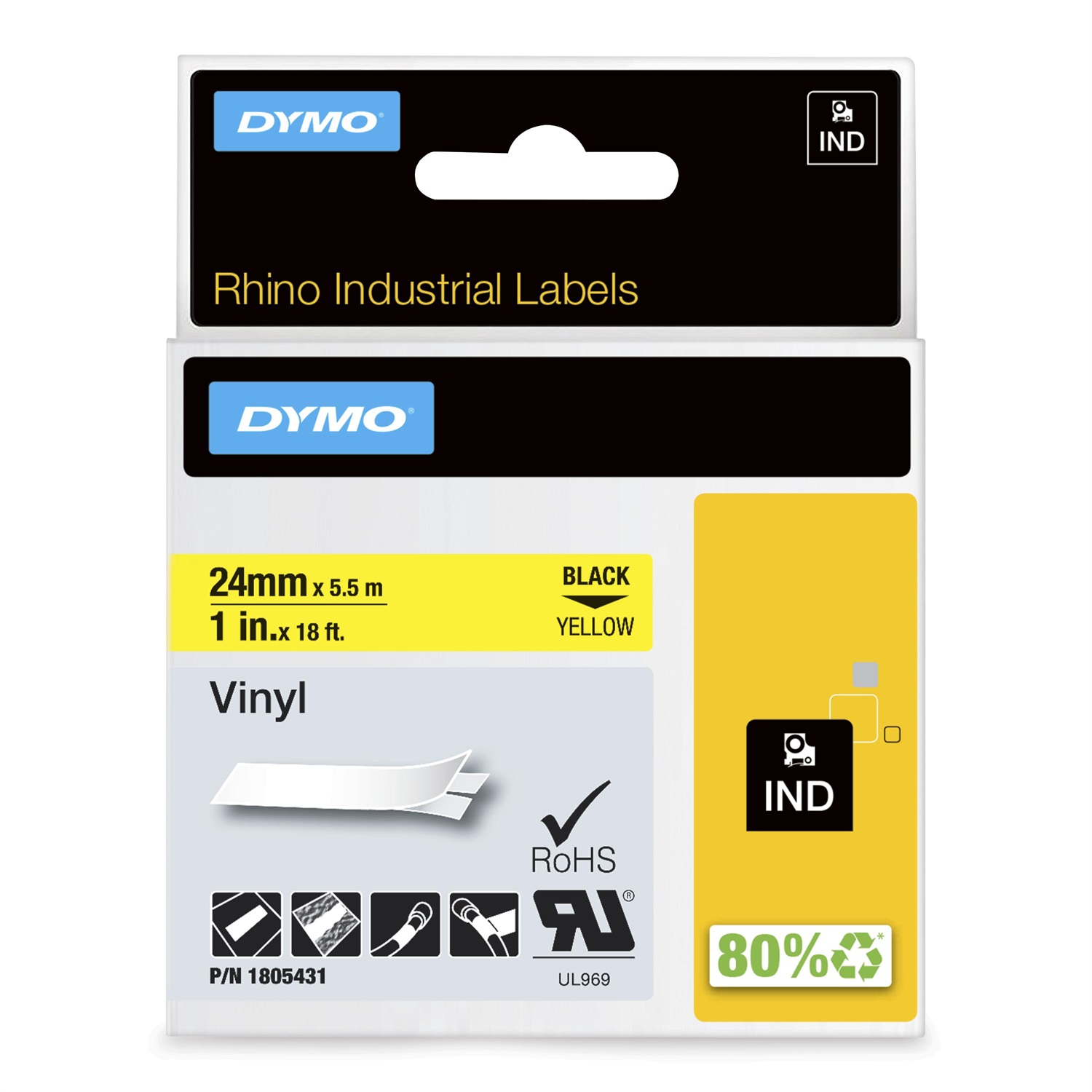 DYMO Nastro in Vinile 24mm x 5.5m - Nero su Giallo, Certificato UL 969