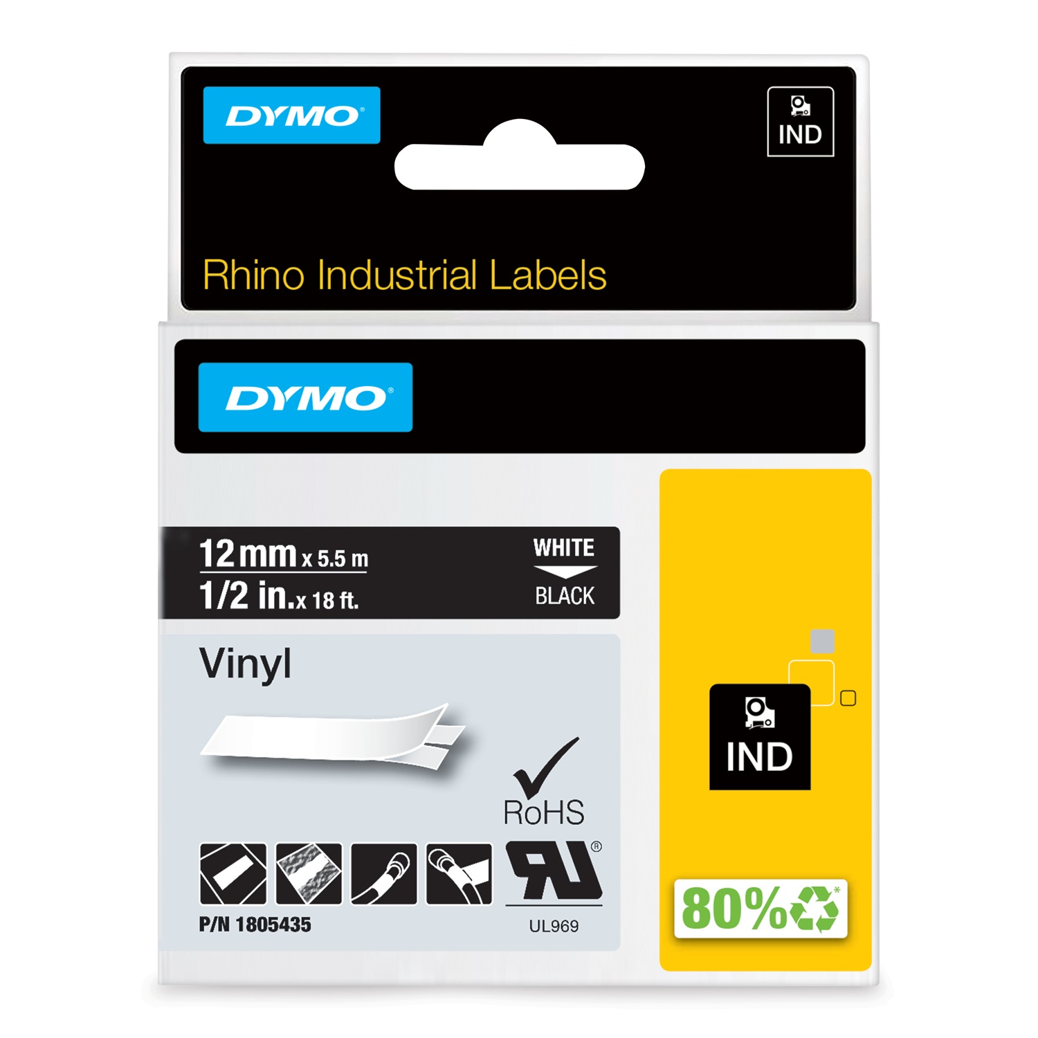 Dymo Nastro in Vinile Bianco su Nero 12 mm x 5,5 m - Compatibile con Etichettatrici Rhino