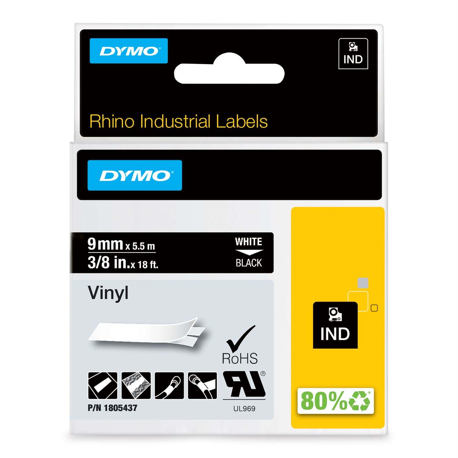 Dymo Nastro in Vinile Bianco su Nero 9 mm x 5,5 m per Etichettatrici Rhino