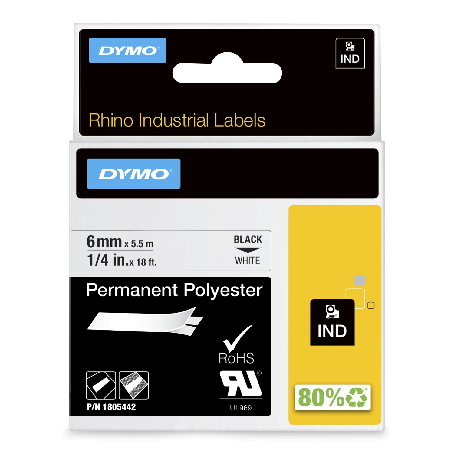 Dymo Nastro Poliestere Permanente D1 6 mm x 5.5 m, Nero su Bianco, Resistente a -40 - 150 °C, UL 969