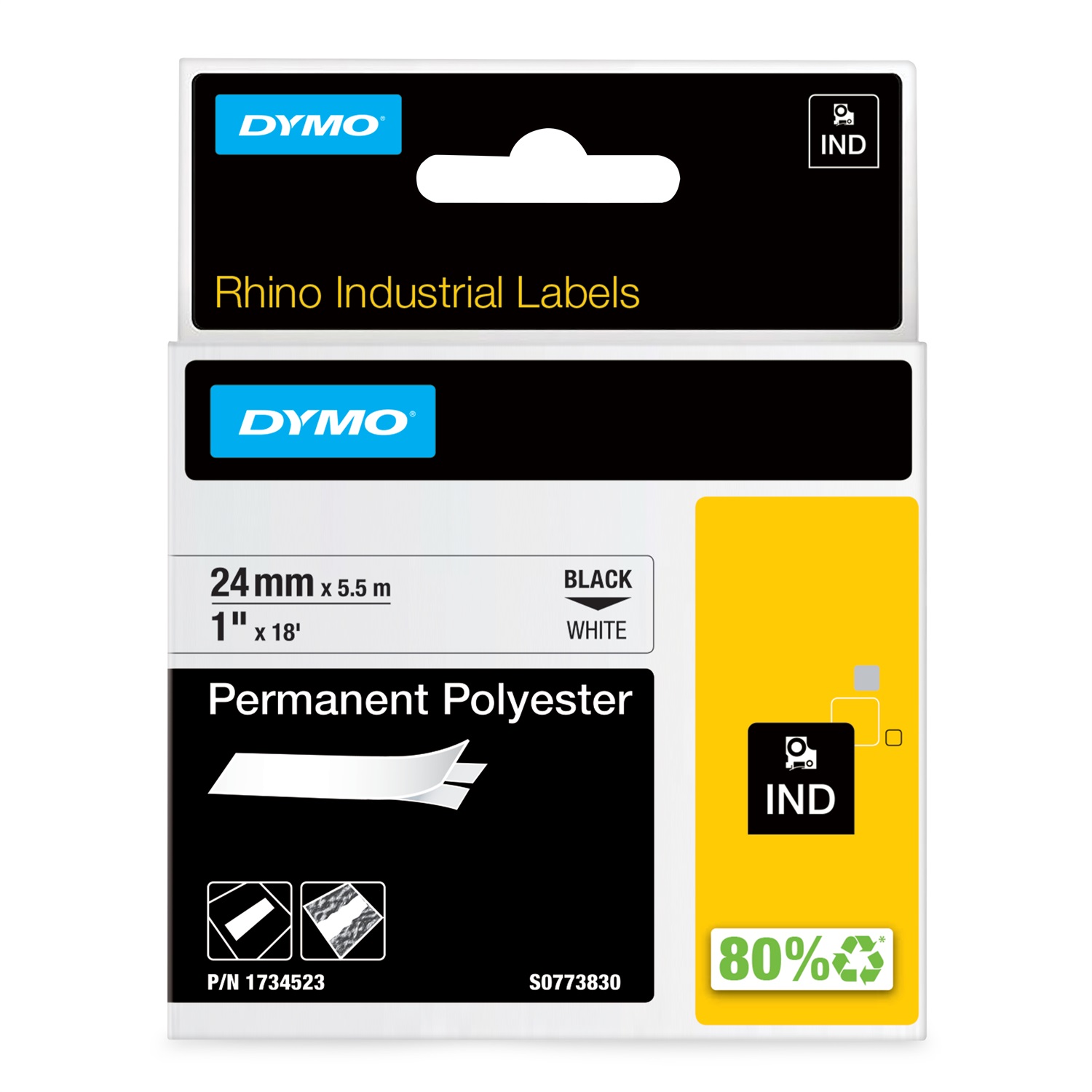 DYMO Nastro Poliestere Permanente 24mm x 5.5m Nero su Bianco - Resistente da -40 a 150 °C, UL 969