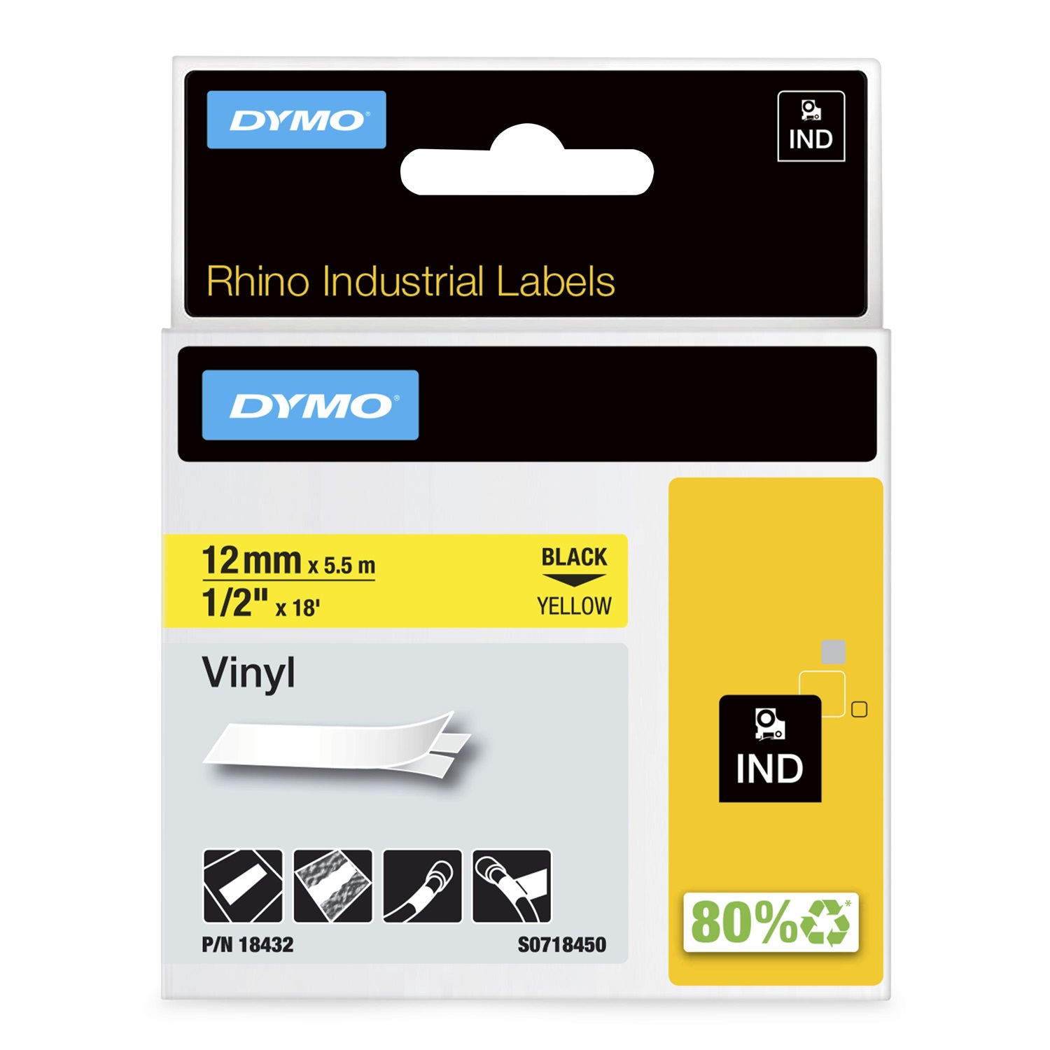 DYMO Nastro Rhino 18432 - Vinile Nero su Giallo - 12 mm x 5,5 mt - Compatibile con LabelManager e LabelWriter