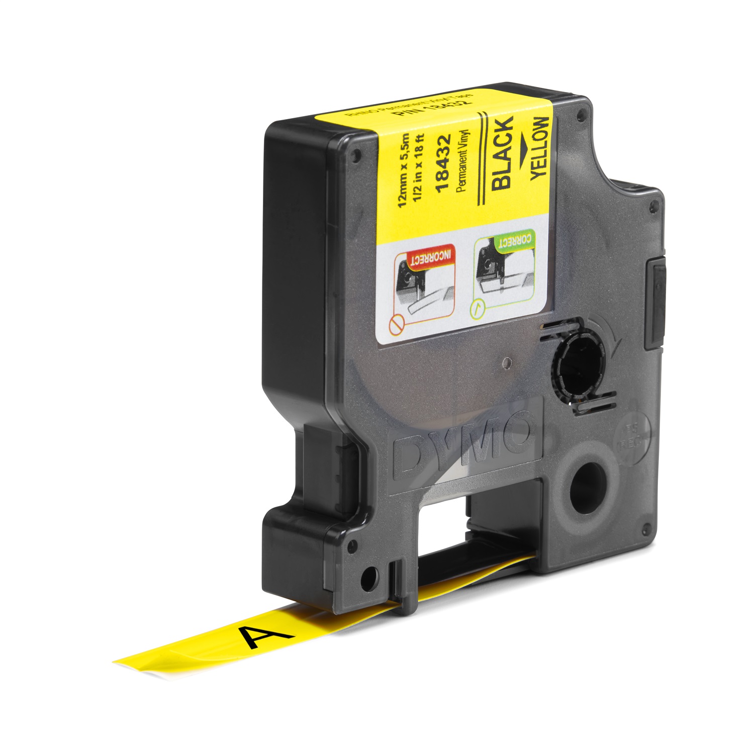 DYMO Nastro Rhino 18432 - Vinile Nero su Giallo - 12 mm x 5,5 mt - Compatibile con LabelManager e LabelWriter