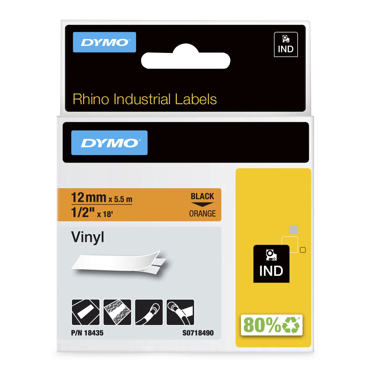 DYMO Nastro in Vinile 12 mm x 5.5 m Nero su Arancione per Etichettatrice