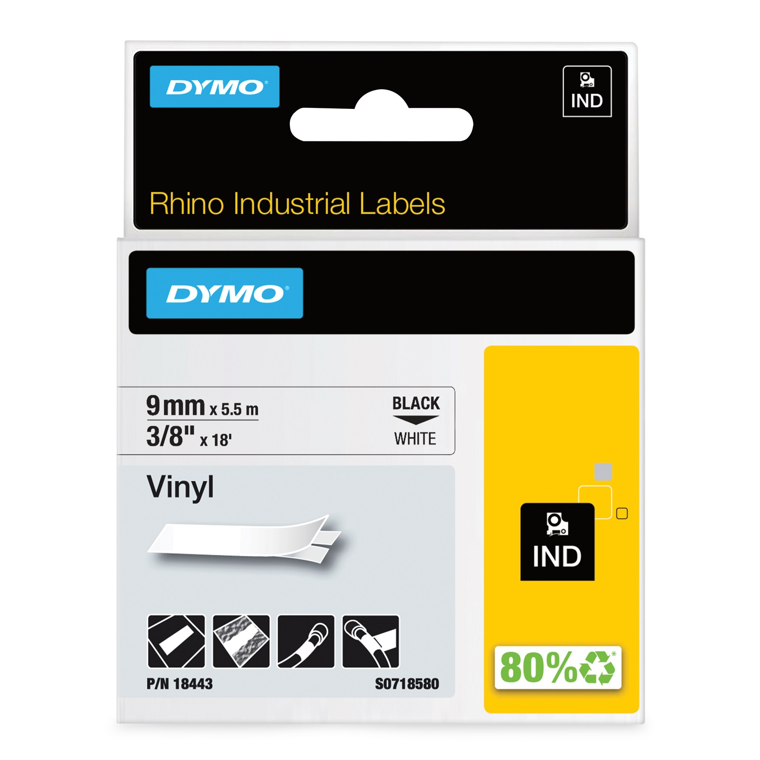 Dymo Nastro in Vinile 18443 - 9 mm x 5,5 m - Nero su Bianco - Compatibile con Etichettatrici Rhino e LabelManager