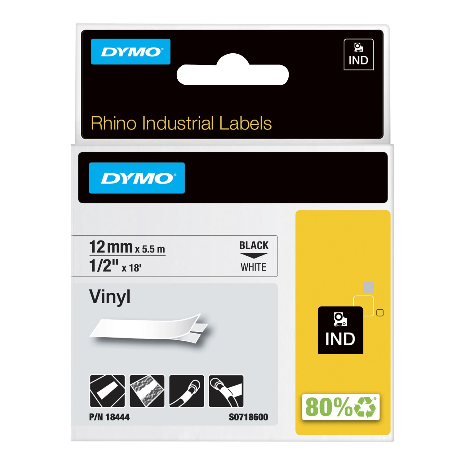 DYMO Rhino Nastro per Etichettatrice 12mm x 5,5m in Vinile Nero su Bianco - Compatibile con LabelManager e Rhino