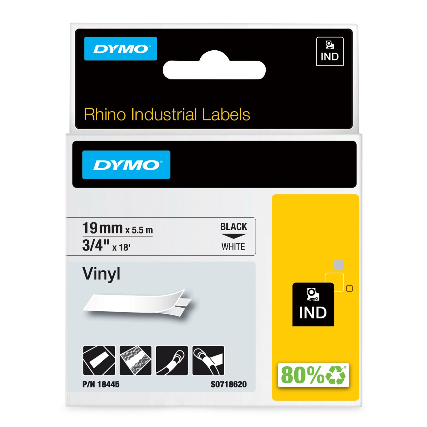 DYMO Rhino 18445 Nastro in Vinile Nero/Bianco 19mm x 5,5m - Resistente a Umidità e Temperature Estreme
