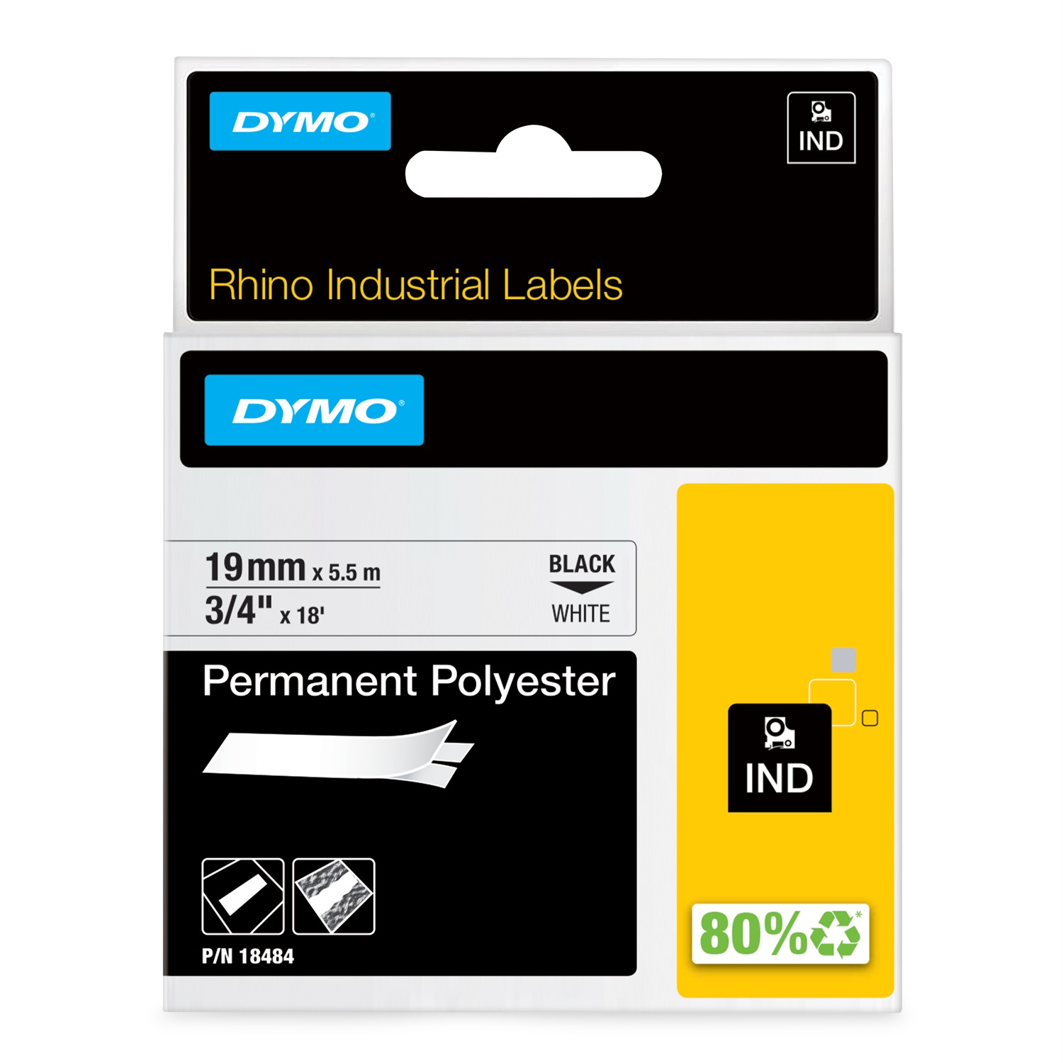 Dymo Nastro in Poliestere Permanente Rhino 18484 - 19 mm x 5,5 mt - Nero su Bianco - Resistente a Temperature da -40 a 150 °C