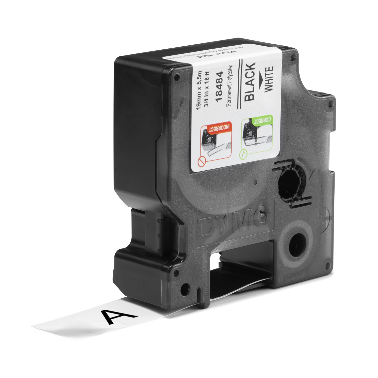 Dymo Nastro in Poliestere Permanente Rhino 18484 - 19 mm x 5,5 mt - Nero su Bianco - Resistente a Temperature da -40 a 150 °C