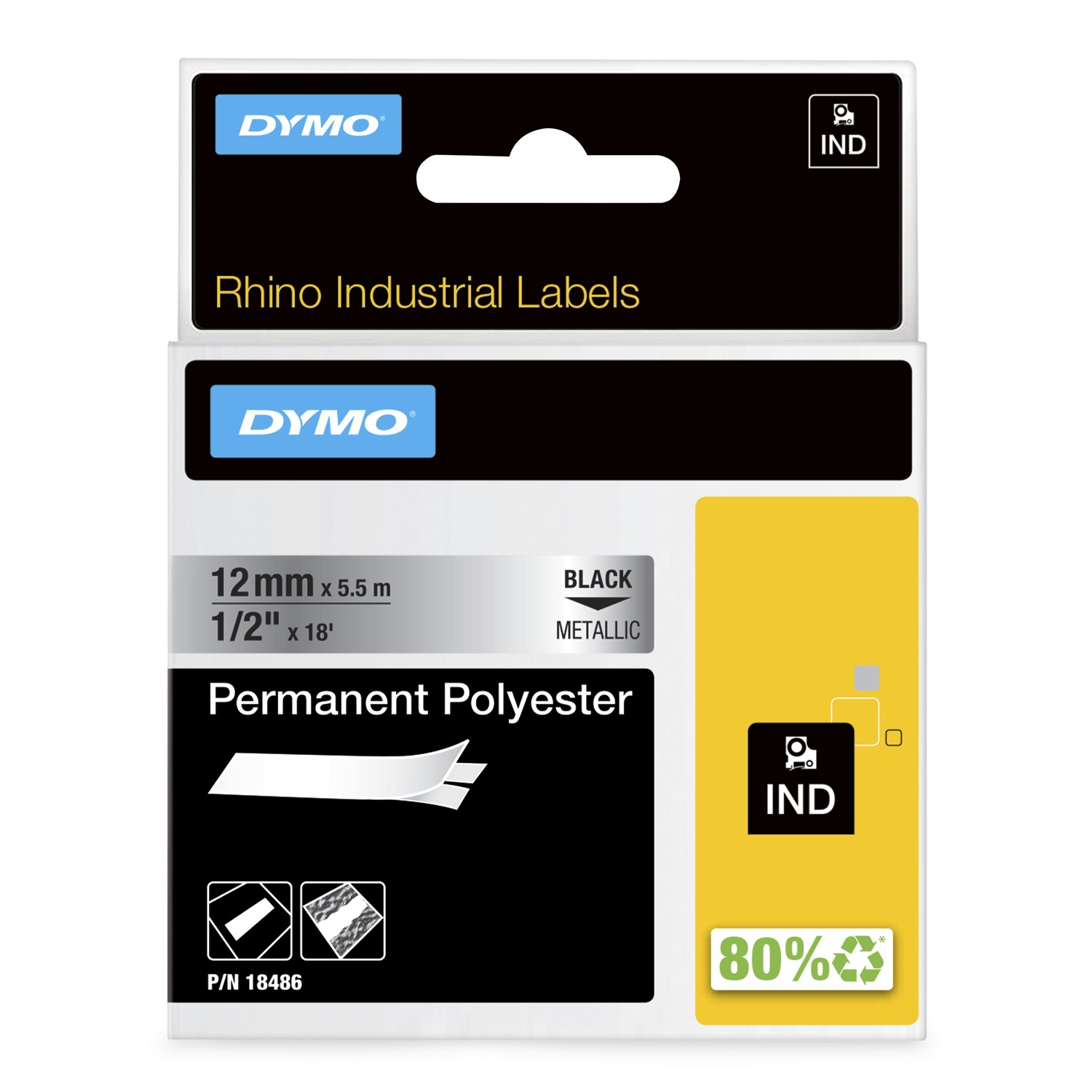 Dymo Nastro Poliestere Permanente 12 mm x 5.5 m Nero su Metallo - UL 969, Resistente a -40 - 150 °C
