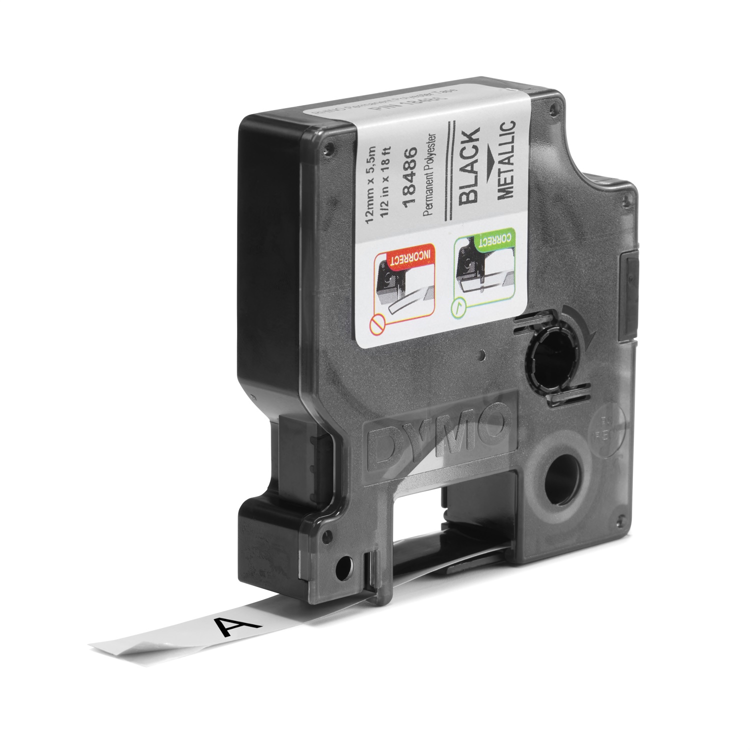 Dymo Nastro Poliestere Permanente 12 mm x 5.5 m Nero su Metallo - UL 969, Resistente a -40 - 150 °C