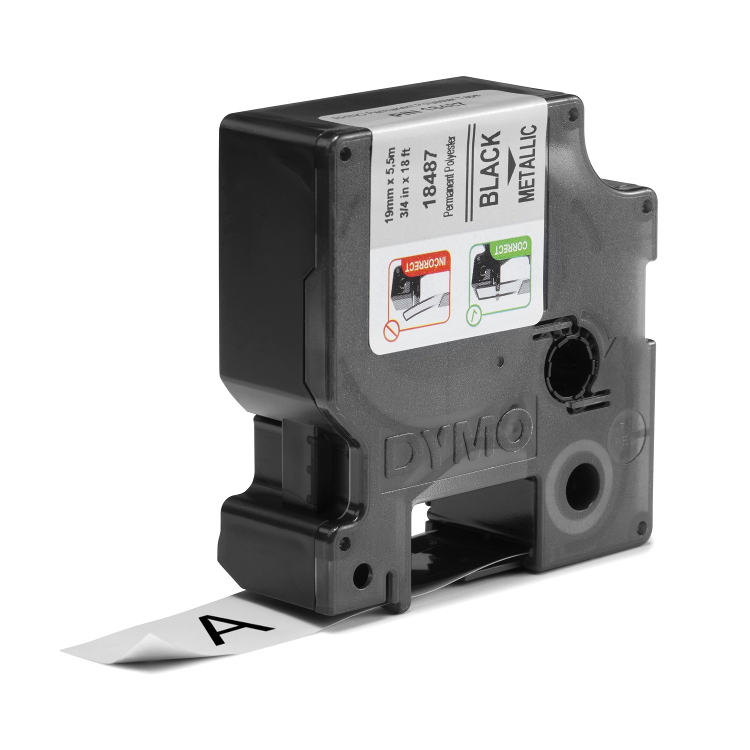 Dymo 18487 Nastro per Etichettatrice 19mm x 5,5m in Poliestere Nero su Metallizzato - Permanente