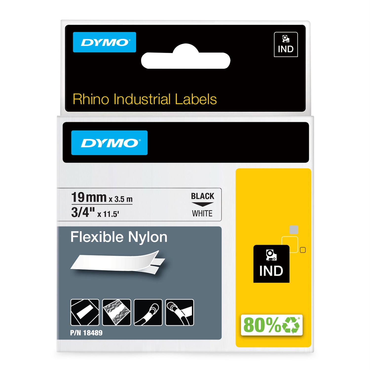 DYMO Nastro Flessibile in Nylon 19 mm x 3,5 m - Nero su Bianco - Adesivo Industriale Resistente