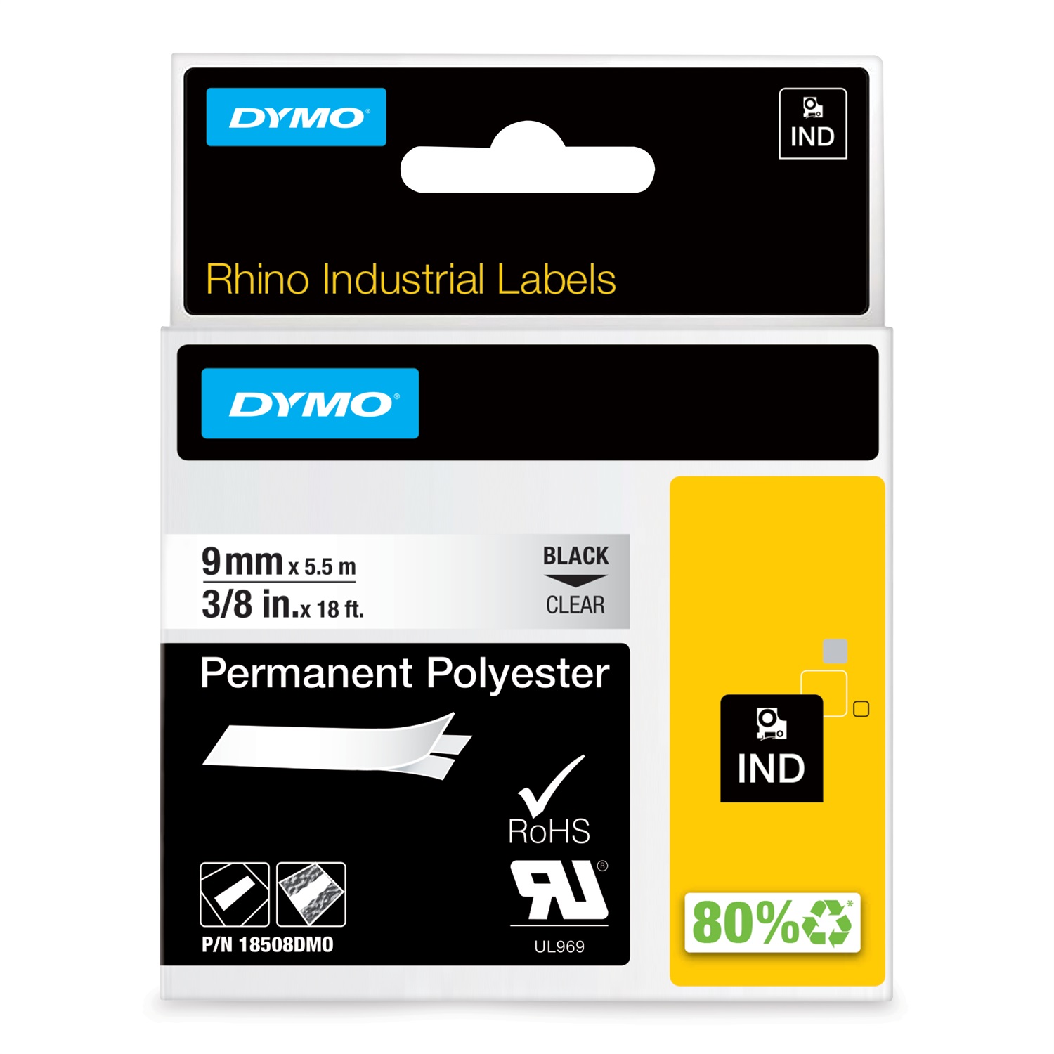 Dymo 18508DMO Nastro per Etichettatrice D1 9mm x 5.5m in Poliestere Nero su Trasparente