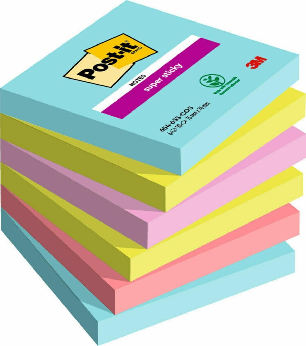 Post-it® Super Sticky Cosmic - 76x76 mm, 90 Fogli per Blocco, Confezione da 6 Blocchetti, Colori Assortiti: Acqua, Verde Acido, Rosa Tropicale, Rosa Guava