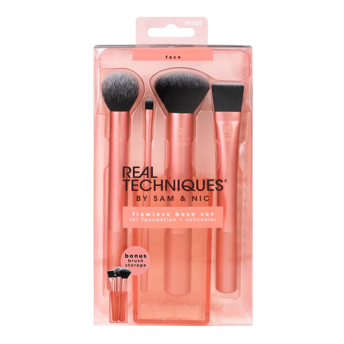 Real Techniques Flawless Base Set - 4 Pennelli per Base Trucco con Contour Brush, Square Foundation Brush, Detailer Brush e Buffing Brush