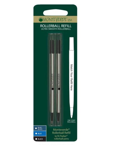 Monteverde Ricarica in Metallo per Roller Parker - Punta Fine - Colore Nero - Confezione da 2 Pezzi
