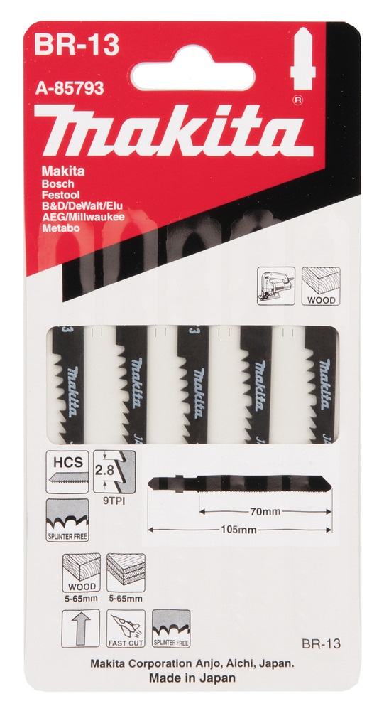 Makita A-85793 - Pacco di 5 lame per seghetti alternativi in Acciaio al carbonio (HCS) per Legno e Plastica, Denti Tipo A
