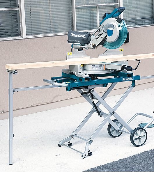 Makita WST05 - Banchetto per Sega Professionale in Acciaio, Altezza Regolabile, 4 Gambe, 2 Ruote, Blu e Grigio, Larghezza 500 mm, Lunghezza 117 cm