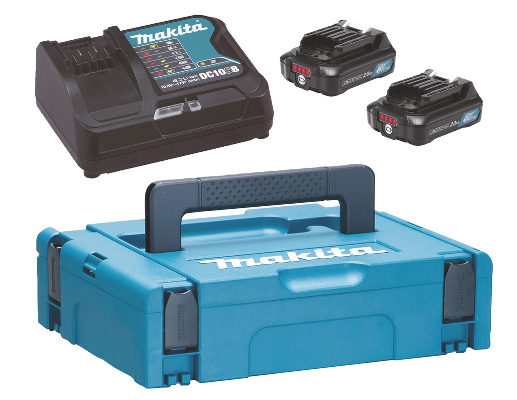 Makita 197658-5 Kit Batteria e Caricabatterie 12Vmax con 2 Batterie 2,0Ah e DC10SB in Valigetta Makpac