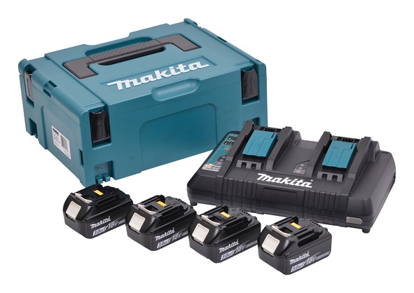 Makita 197720-6 - Kit Power Source 18V con 4 Batterie 3Ah, Caricatore Doppio DC 18 RD e Valigetta Makpac