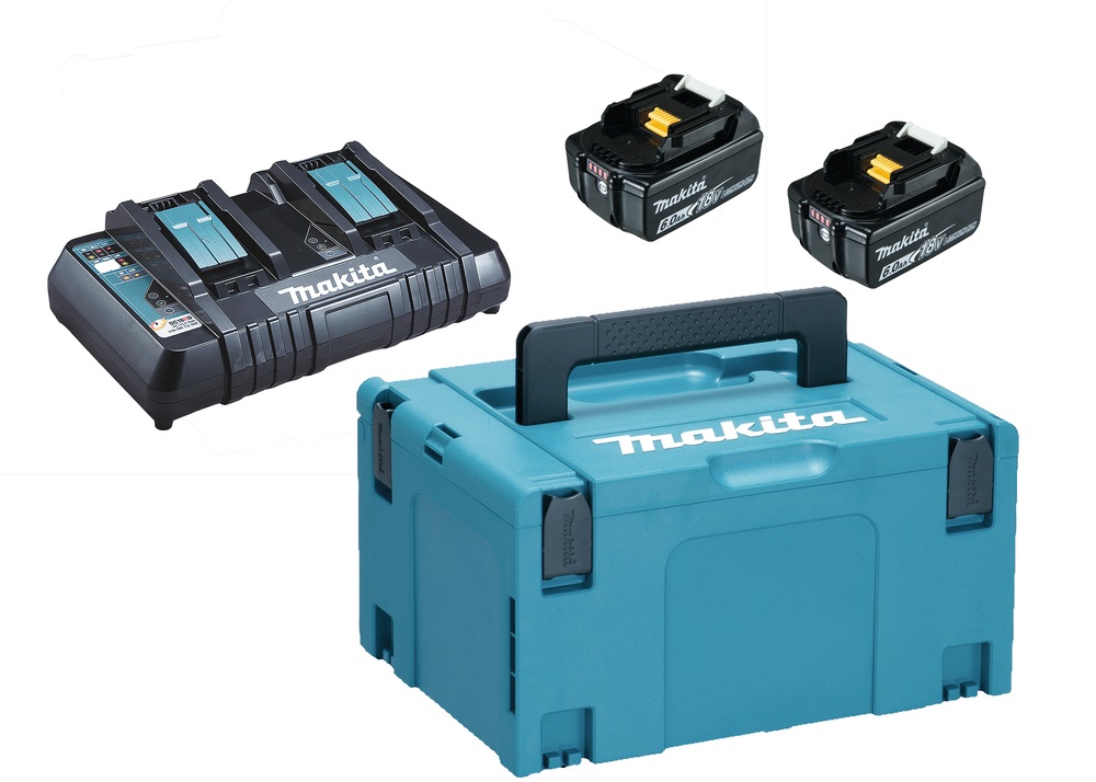 Makita Kit Energia 198077-8 - 2 Batterie 18V 6Ah BL1860B Caricabatterie Doppio Rapido DC18RD con Valigetta MAKPAC