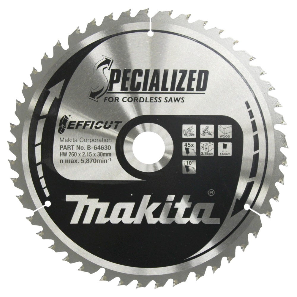 Makita B-64630 Lama Efficut TCT Sega Circolare 260x30mm - 45 Denti - 2,15mm - Per Legno e Laminato
