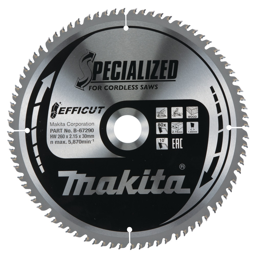 Makita B-67290 Lama Efficut TCT Sega Circolare 260x30mm - 80 Denti - Spessore 2,15mm per Legno