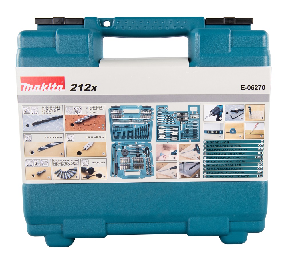Makita E-06270 Set di Punte per Trapano e Avvitatore, 212 Pezzi - Include Punte HSS-R, Punte per Legno e Muratura, Accessori Vari