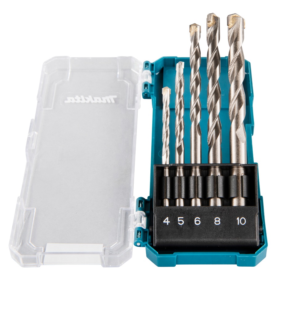 Makita D-72877 - Set di 5 punte per trapano TCT in carburo di tungsteno (4, 5, 6, 8 e 10 mm) con gambo dritto e custodia in plastica